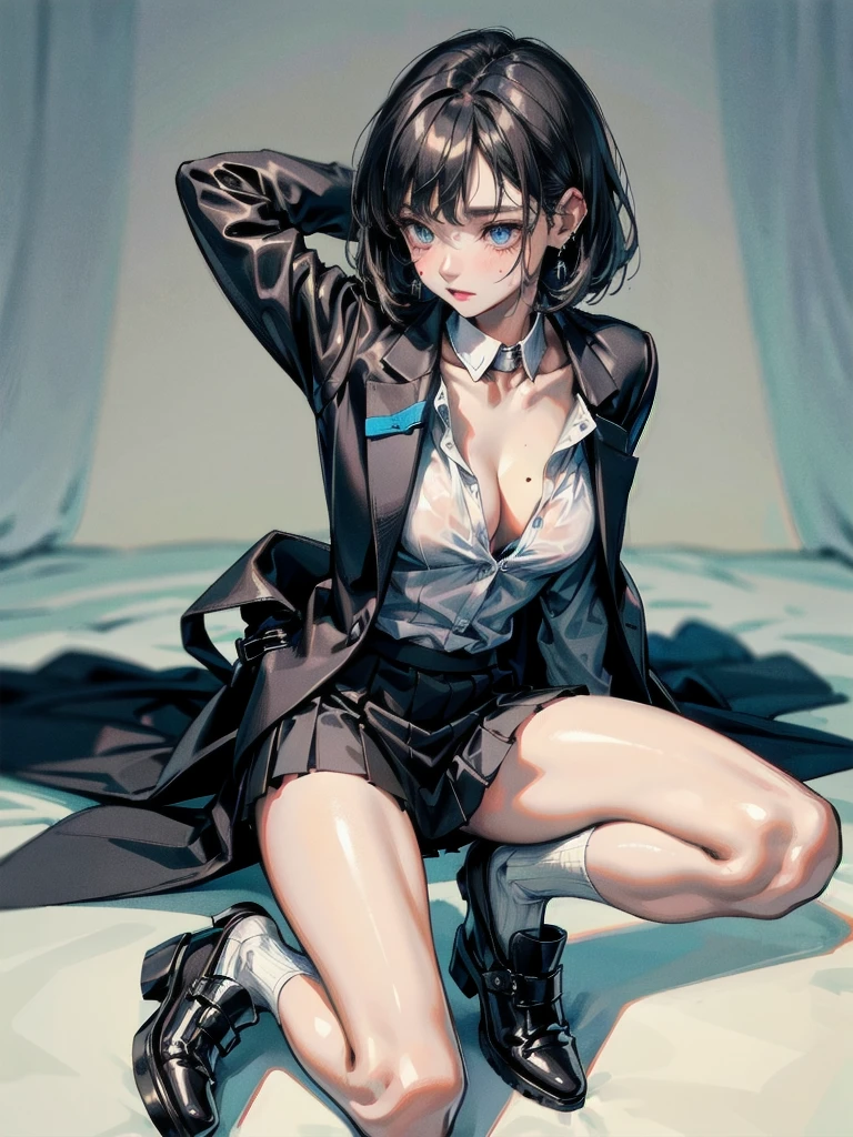 absurdres, RAW photo, extremely delicate and beautiful, masterpiece, Best Quality, ultra high resolution, 32k, hyperrealistic, ultra-detailed, perfect figure, Perfect Style, Perfect balance, in her 20s, very small head, very small face, delicate facial features, tearful mole, earring, very huge breasts, full body shot, bare legs, medium hair, black hair, business suit, jacket, blouse, short skirt,