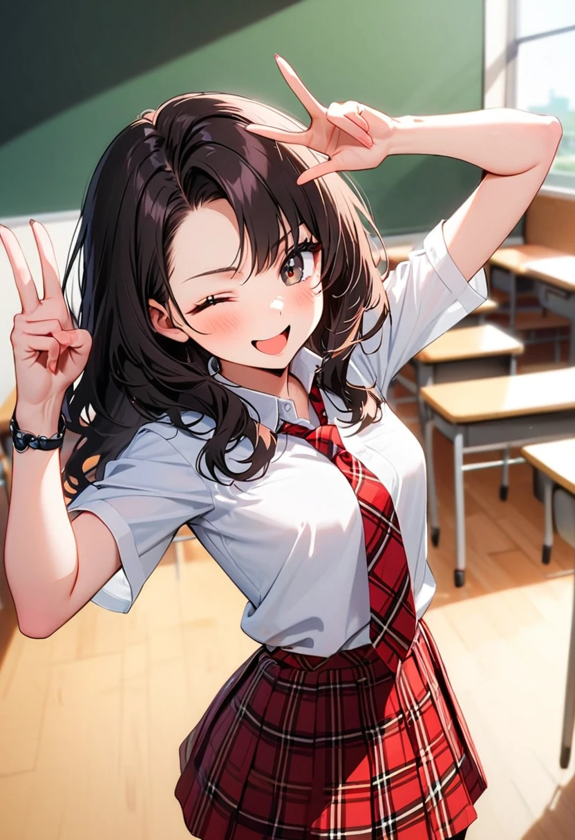 a young woman, 16-years-old, solo, average height, Korean, (long black wavy hair that's parted in the middle:1.2), no bangs, black eyes, one eye closed, winking, playful smile, black blazer, white formal shirt, red plaid necktie, red plaid skirt, black tights, black Converse sneakers, holding up a v-sign, classroom