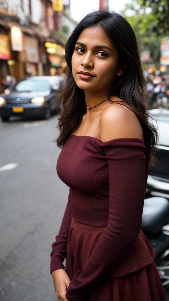 (full body, editorial photograph of a young dusky Indian woman), photographed in a busy street, (highly detailed face:1.4) (smile:0.7) (background Busy indian street , moody, private study:1.3) POV, by lee jeffries, nikon d850, film stock photograph ,4 kodak portra 400 ,camera f1.6 lens ,rich colors ,hyper realistic ,lifelike texture, dramatic lighting , cinestill 800, realistic, wearing maroon Square-Neck Peplum Top, actress, karla ortiz, posing!!, candid picture, by Max Dauthendey, medium body, black hair, tied hair, medium hair length  realistic skin texture, brown skin