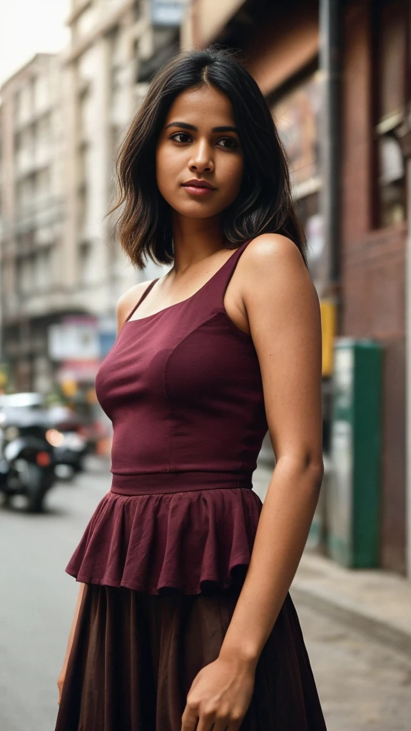 (full body, editorial photograph of a young dusky Indian woman), photographed in a busy street, (highly detailed face:1.4) (smile:0.7) (background Busy indian street , moody, private study:1.3) POV, by lee jeffries, nikon d850, film stock photograph ,4 kodak portra 400 ,camera f1.6 lens ,rich colors ,hyper realistic ,lifelike texture, dramatic lighting , cinestill 800, realistic, wearing maroon Square-Neck Peplum Top, actress, karla ortiz, posing!!, candid picture, by Max Dauthendey, medium body, black hair, tied hair, medium hair length  realistic skin texture, brown skin