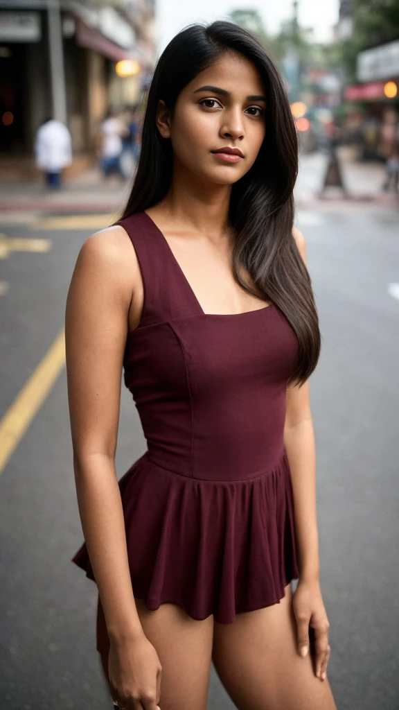 (full body, editorial photograph of a young dusky Indian woman), photographed in a busy street, (highly detailed face:1.4) (smile:0.7) (background Busy indian street , moody, private study:1.3) POV, by lee jeffries, nikon d850, film stock photograph ,4 kodak portra 400 ,camera f1.6 lens ,rich colors ,hyper realistic ,lifelike texture, dramatic lighting , cinestill 800, realistic, wearing maroon Square-Neck Peplum Top, actress, karla ortiz, posing!!, candid picture, by Max Dauthendey, medium body, black hair, tied hair, medium hair length  realistic skin texture, brown skin