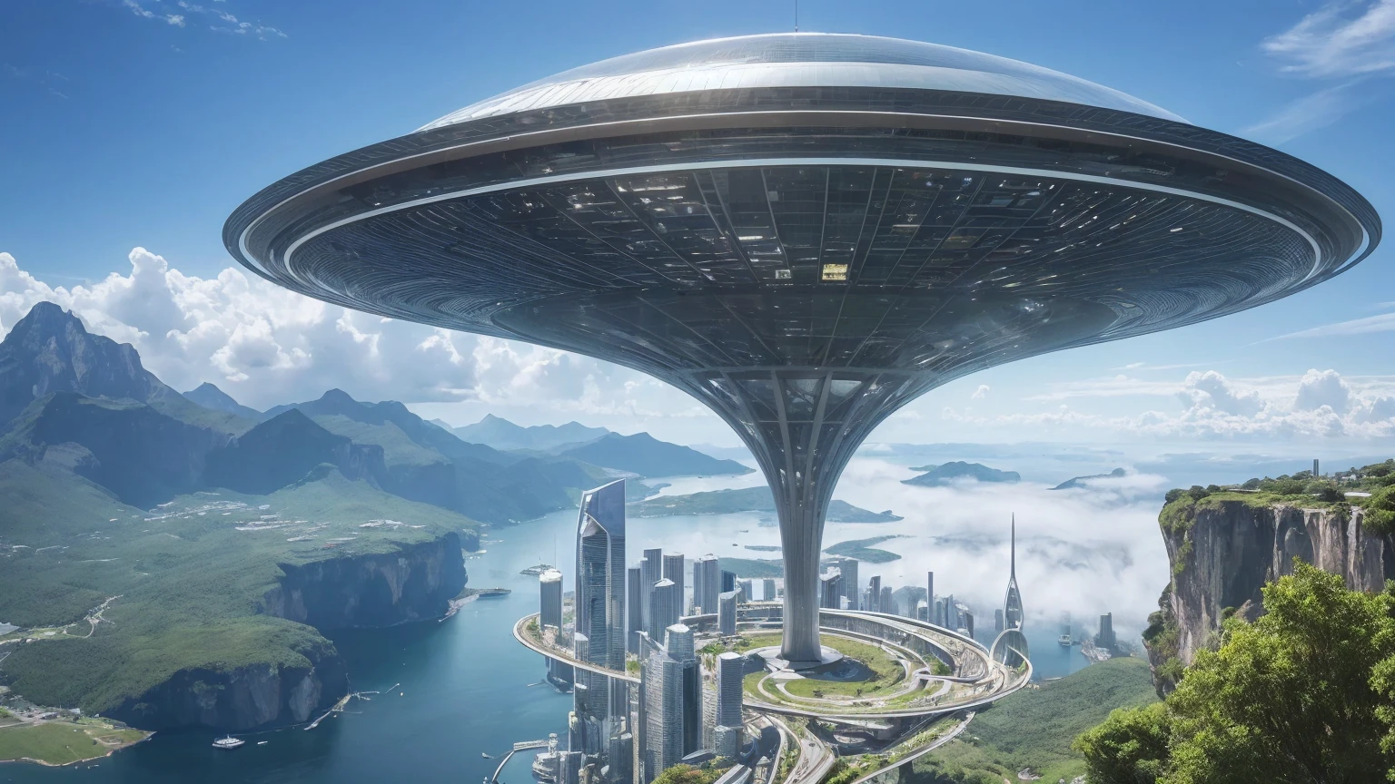 (Best quality,4K,8K,A high resolution,Masterpiece:1.2),Ultra-detailed,(Realistic,Photorealistic,photo-realistic:1.37),Futuristic floating city,Futuristic technology,Huge urban high-tech tablet platform,Airship,Floating in the sky,Futuristic city,Small airships around,High-tech hemispherical platform,Colorful lights,Advanced architecture,modernn architecture,skyscrapper,Access the cloud,Scenic beauty,view over city,Impressive design,Blend seamlessly with nature,energetic and vibrant atmosphere,Futuristic transportation system,Parking is suspended,Transparent path,Lush greenery,Sky gardens,cascading waterfalls,Magnificent skyline,reflections on the water,Sparkling river,Architectural innovation,futuristic skyscrapers,Transparent dome,The shape of the building is unusual,Elevated walkway,Impressive skyline,Glowing lights,Futuristic technology,Minimalist design,Scenic spots,Panoramic view,Cloud Piercing Tower,Vibrant colors,epic sunrise,epic sunset,Dazzling light display,magical ambiance,The future city,Urban Utopia,LuxuryLifestyle,Innovative energy,sustainable development,Smart city technology,Advanced infrastructure,Tranquil atmosphere,Nature and technology live in harmony,Awesome cityscape,Unprecedented urban planning,Architecture connects seamlessly with nature,High-tech metropolis,A cutting-edge engineering marvel,The future of urban living,Visionary architectural concept,Energy-efficient buildings,Harmony with the environment,A city floating above the clouds,Utopian dreams become reality,The possibilities are endless,State-of-the-art transportation network,Green energy integration,Innovative materials,Impressive holographic display,Advanced communication system,Breathtaking aerial view,Quiet and peaceful environment,Modernist aesthetics,Ethereal beauty