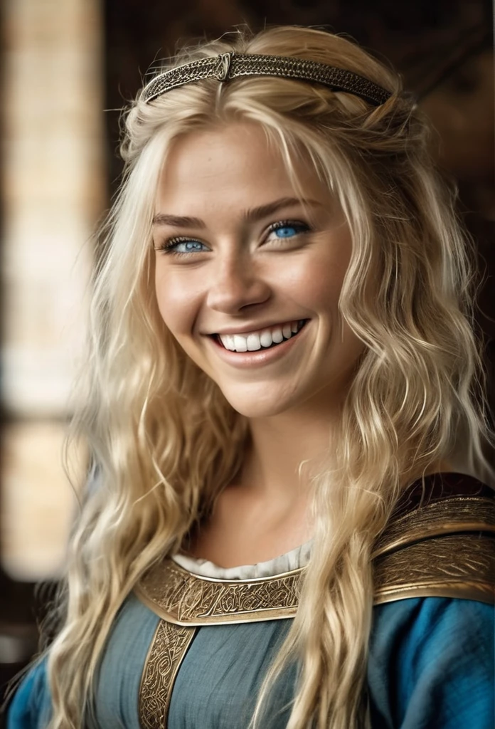 (masterpiece), best quality, expressive eyes, perfect face, viking, young woman, blond hair, blue eyes, laughing, smiling, standing infront of a mediaeval bed