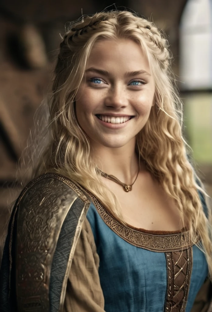 (masterpiece), best quality, expressive eyes, perfect face, viking, young woman, blond hair, blue eyes, laughing, smiling, standing infront of a mediaeval bed