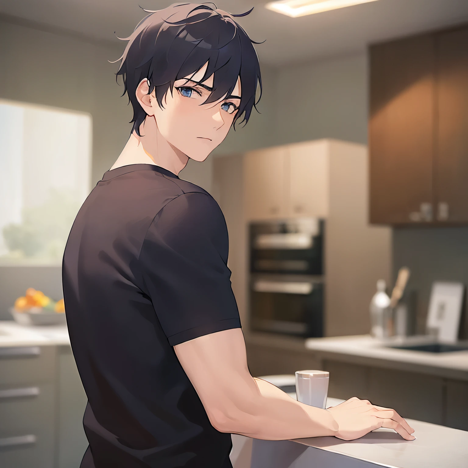 (25-year-old male:1.5) and (Black short hair) and (blue eyes)
(black) and (T-Shirts)、（looking at viewer:1.3),upper body,Side shot、
shiny skin, masterpiece、Highest quality、
The background is the kitchen at night、frown、(alone:1.2)