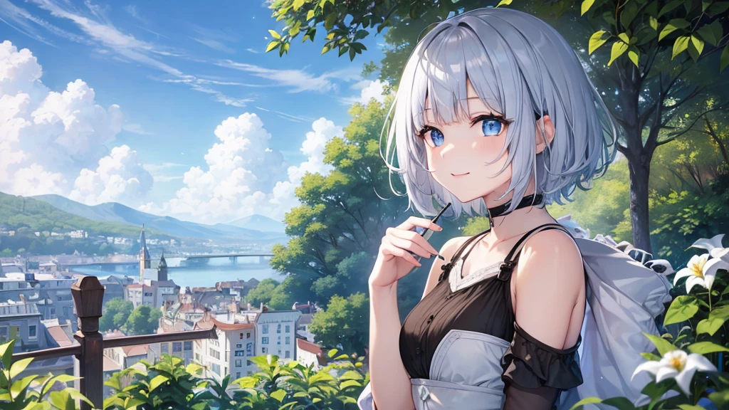 Ultra HD,Look at the viewers, Put your hands behind your back, With a girl, 20-year-old, 非常にShort Hair, Long bangs between the eyes, Pale blue eyes, Very detailed,(masterpiece、Highest quality),Gray Hair、Laughter、Fantastic, Silver Hair, Iris, Short hair、 Fluttering Hair、Small Face、明るいsmile、(Detailed face) ,Professional Lighting,Wonderful landscape,blue sky, sunlight,Looking down from above,Portraiture、Open your mouth、Flower Field、Her eyes were shining、Mysterious and enchanting atmosphere。With AI Painting、とてもShort Hair, Long bangs between the eyes, Very detailed,(masterpiece、Highest quality)、alone、Gray Hair、Fantasy, Silver Hair, Fantasyな風景、smile、Open your mouth、short hair、Short Hair、hairpin、black eye、Grey Eyes、Beautiful Eyes、Black Shirt、White hoodie
