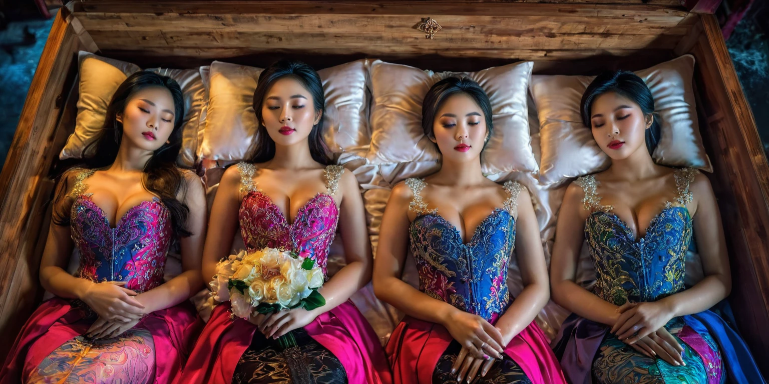 In a striking 8K HDR scene, a stunning Korean woman, 22 years old, lies peacefully in a black coffin surrounded by plush pillows. The deep box is set against a rich black background, accentuating the beauty of the subject. Her exquisite deep-V neckline kebaya attire is embroidered with superb detail, showcasing her round and firm breasts, perfect cleavage, and beautiful eyebrows. Her closed eyes and mouth give an air of serenity, while her visible and absolute cleavage leave nothing to imagination. The scene is bathed in saturated colors, highlighting every intricate aspect from the ball skirt to her clean face, straight body, detailed hand perfect hands, straight body, own hands together, own hand on stomach, detailed hands, perfect hands.