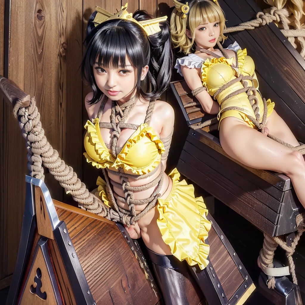 Highest quality,masterpiece,Ultra-high resolution, Very detailed, 8K,14 year old beautiful Japanese woman:1.5, Small face, Black short hair, blunt bangs, Breast Augmentation Surgery, (Detailed ruffled yellow magical girl heroine swimsuit:1.5), ((Woman tied up with rope:1.5))、 (Riding a wooden horse:1.5), (peeing:1.5)