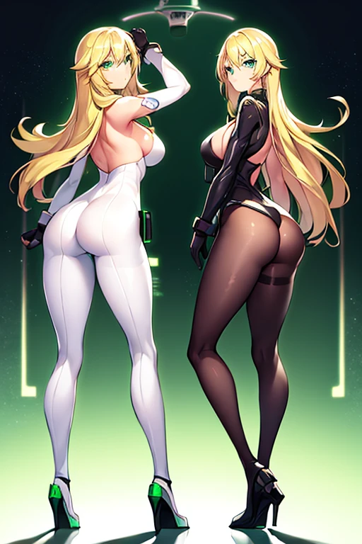 1girl, green eyes, blonde hair, long hair, breasts, hourglass figure, bodysuit, white bodysuit, neon, neon trim, machinery, tech, science-fiction, futuristic, serious, standing, full body, ((full body)), pantyhose, black pantyhose, wavy hair, ass, from behind, mature female, ((ass)), drone