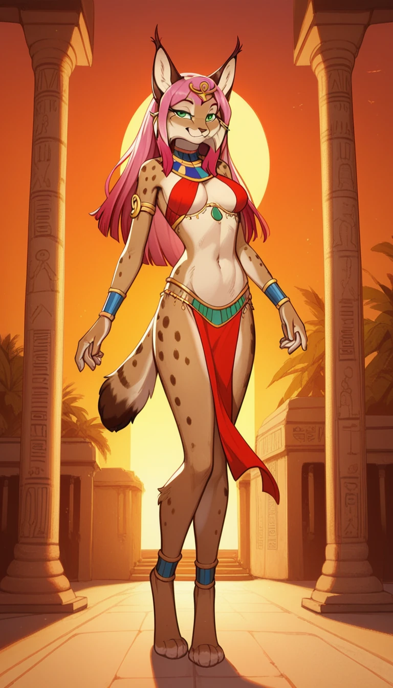 Smug smile, seductive pose, 1girl, anthro, furry, fur, fluffy fur, lynx girl, pink hair (red highlights), green eyes, long hair, full body, (19 years), medium breast, thighs, solo, (egyptian temple), sunset, half-closed eyes, detailed, red belly dancer outfit, red loincloth, standing, score_9, score_8_up, score_7_up, score_6_up, score_5_up, score_4_up