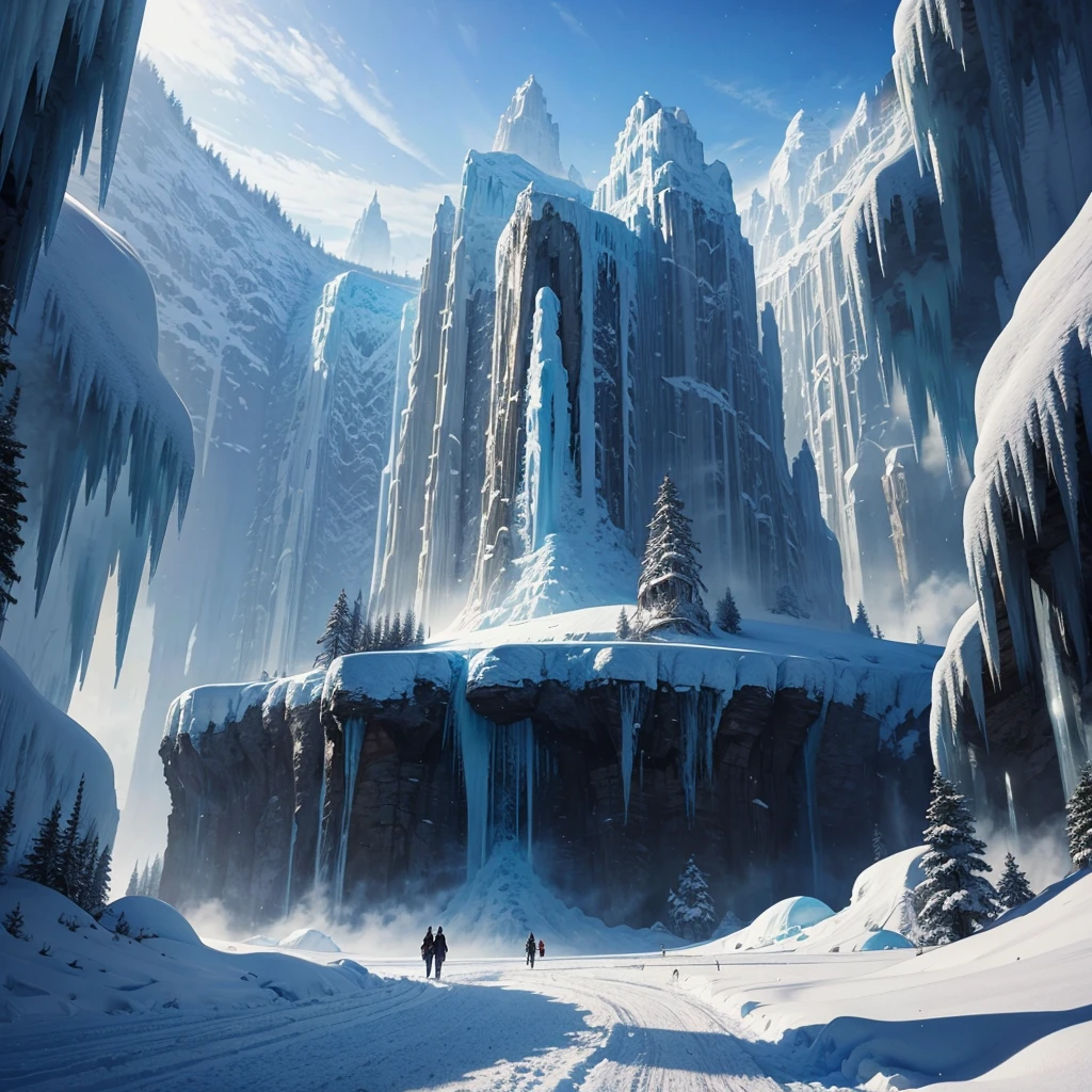 Mysterious Forest,Huge Cliff,Nature,Walking path,ice World,A world beyond imagination,Anime Art,Different world,Fantasy,Ice metropolis,Huge wooden building,romantic,Dream world,best scenery,Best Quality,8K,masterpiece,perfection