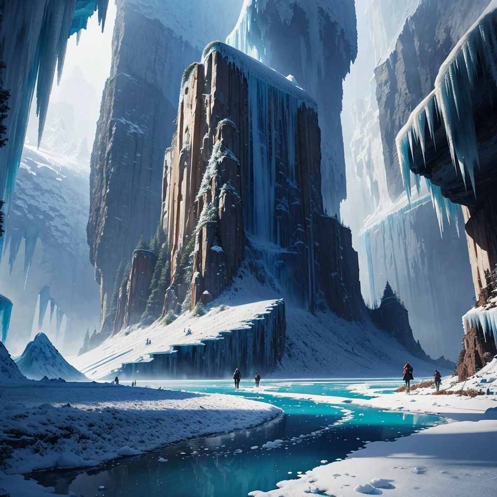 Mysterious Forest，Huge Cliff，Nature，Walking path，ice World，A world beyond imagination，Anime Art，Different world，Fantasy，Ice metropolis，Huge wooden building，romantic，Dream world，best scenery，Best Quality，8K，masterpiece，perfection