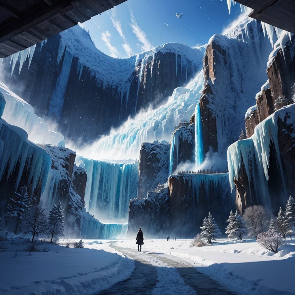 Mysterious Forest，Huge Cliff，Nature，Walking path，ice World，A world beyond imagination，Anime Art，Different world，Fantasy，Ice metropolis，Huge wooden building，romantic，Dream world，best scenery，Best Quality，8K，masterpiece，perfection