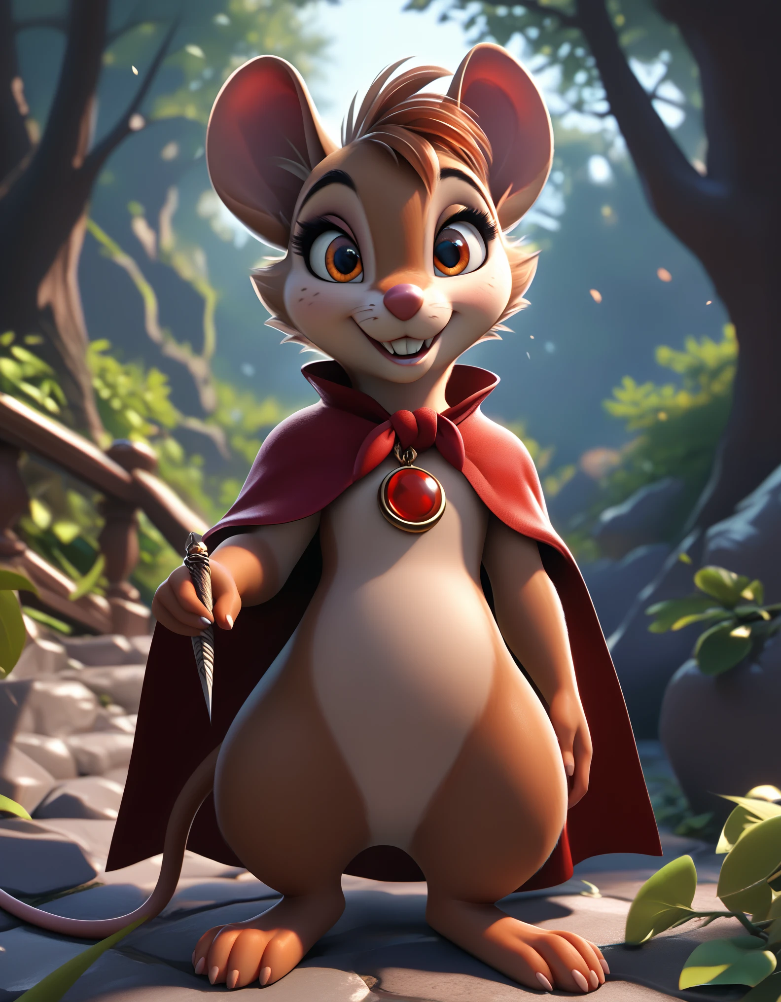 score_9, score_8_up, score_7_up, source_furry, source_safe, best quality, forest, BREAK, 1girl, mrsbrisby_tsonimh, mouse girl, semi-anthro, furry, brown fur, wearing red cape, wearing red pendant, mostly nude, standing, closed mouth, looking at viewer, smile, buck teeth, featureless crotch, featureless chest