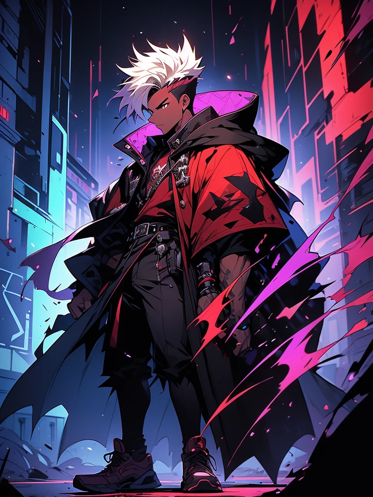 Stylized, animated image featuring a character with spiky, light-colored hair and a muscular build. The character has light skin and is wearing a dark, flowing cloak with purple accents, which is fastened with buttons at the neck. The cloak partially reveals the character's toned abdomen. The character is also wearing dark shorts and white sneakers. In the background, there is a graffiti-style mural with abstract, red and black figures and shapes on a wall. The overall color scheme is vibrant with a mix of dark and neon hues. The image has a dynamic and edgy aesthetic