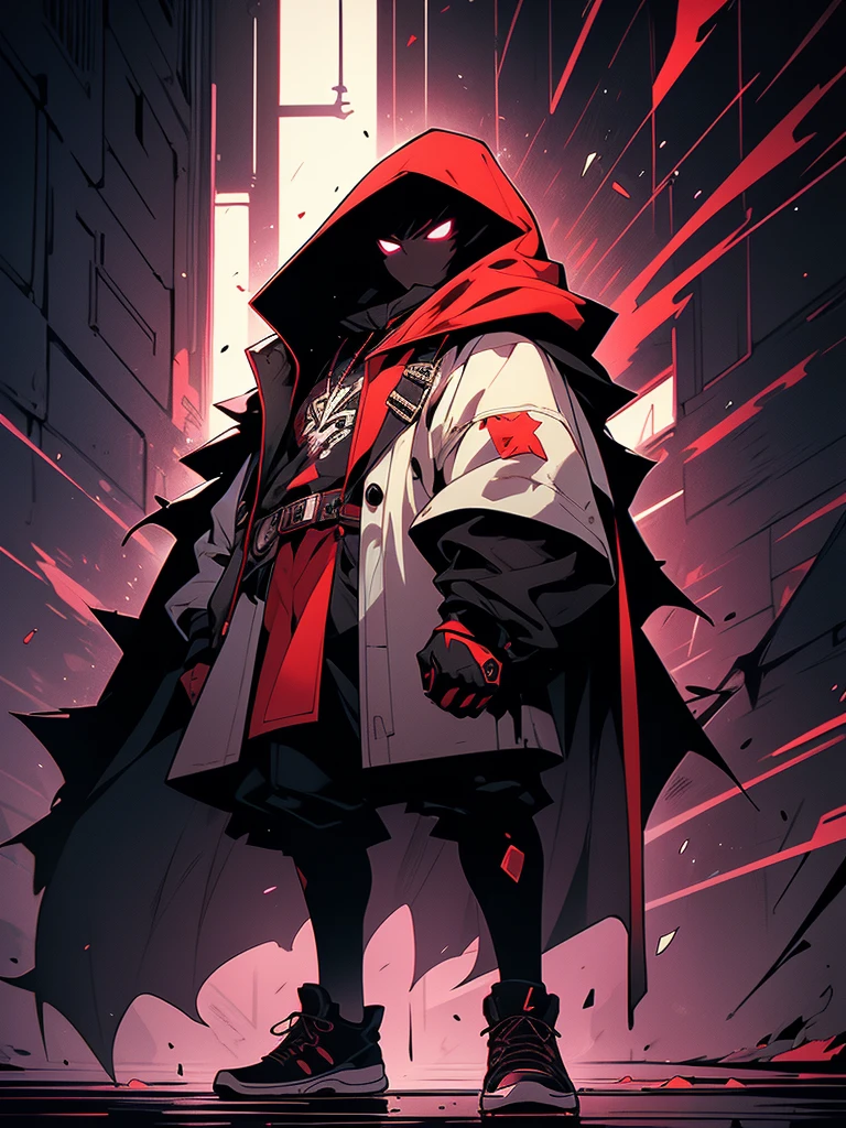 Stylized, animated image featuring a character with spiky, light-colored hair and a muscular build. The character has light skin and is wearing a dark, flowing cloak with purple accents, which is fastened with buttons at the neck. The cloak partially reveals the character's toned abdomen. The character is also wearing dark shorts and white sneakers. In the background, there is a graffiti-style mural with abstract, red and black figures and shapes on a wall. The overall color scheme is vibrant with a mix of dark and neon hues. The image has a dynamic and edgy aesthetic