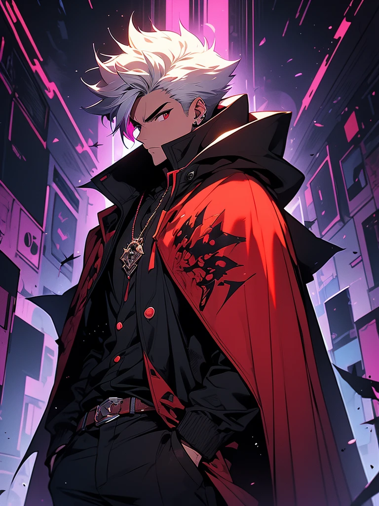 Stylized, animated image featuring a character with spiky, light-colored hair and a muscular build. The character has light skin and is wearing a dark, flowing cloak with purple accents, which is fastened with buttons at the neck. The cloak partially reveals the character's toned abdomen. The character is also wearing dark shorts and white sneakers. In the background, there is a graffiti-style mural with abstract, red and black figures and shapes on a wall. The overall color scheme is vibrant with a mix of dark and neon hues. The image has a dynamic and edgy aesthetic