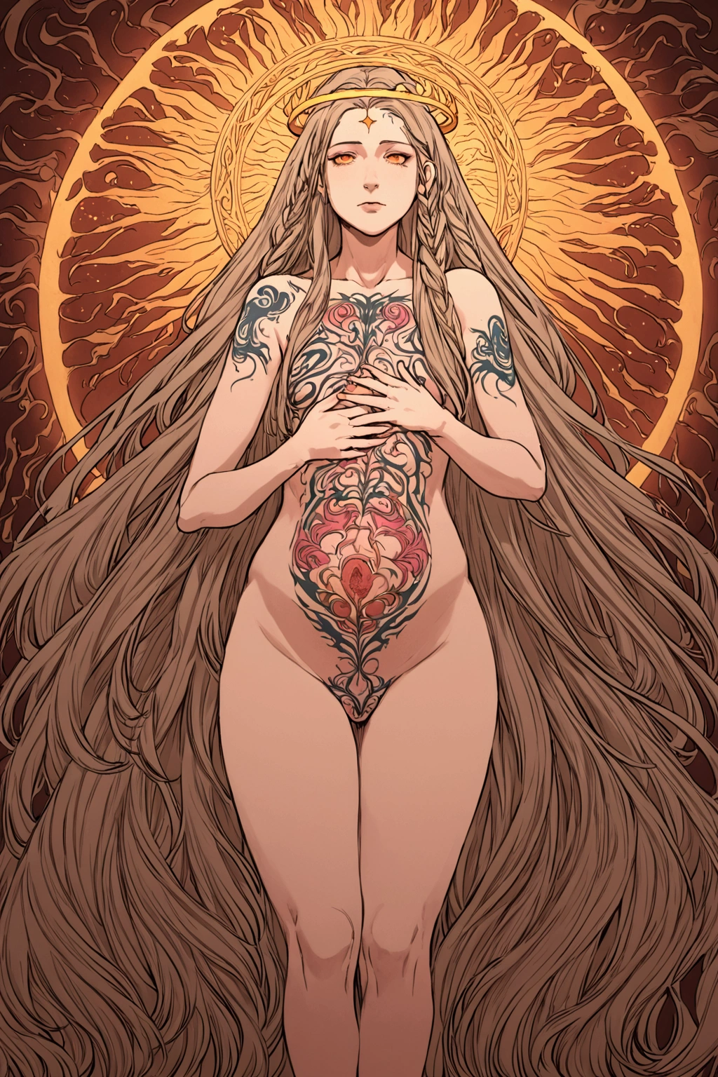 Tall androgynous boy,long  hair,  beautiful curves, cuntboy,  halo, womb tattoo