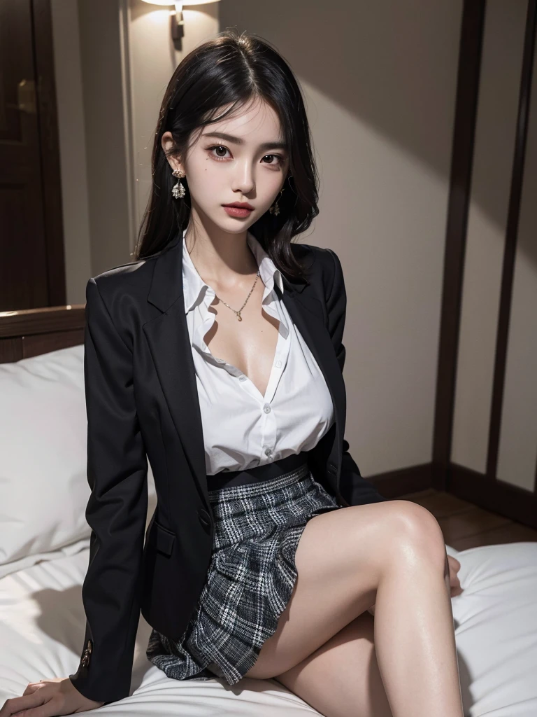 absurdres, RAW photo, extremely delicate and beautiful, masterpiece, Best Quality, ultra high resolution, 32k, hyperrealistic, ultra-detailed, perfect figure, Perfect Style, Perfect balance, in her 20s, very small head, very small face, delicate facial features, tearful mole, earring, very huge breasts, full body shot, bare legs, medium hair, black hair, (business suit), open jacket, (blouse), short skirt,