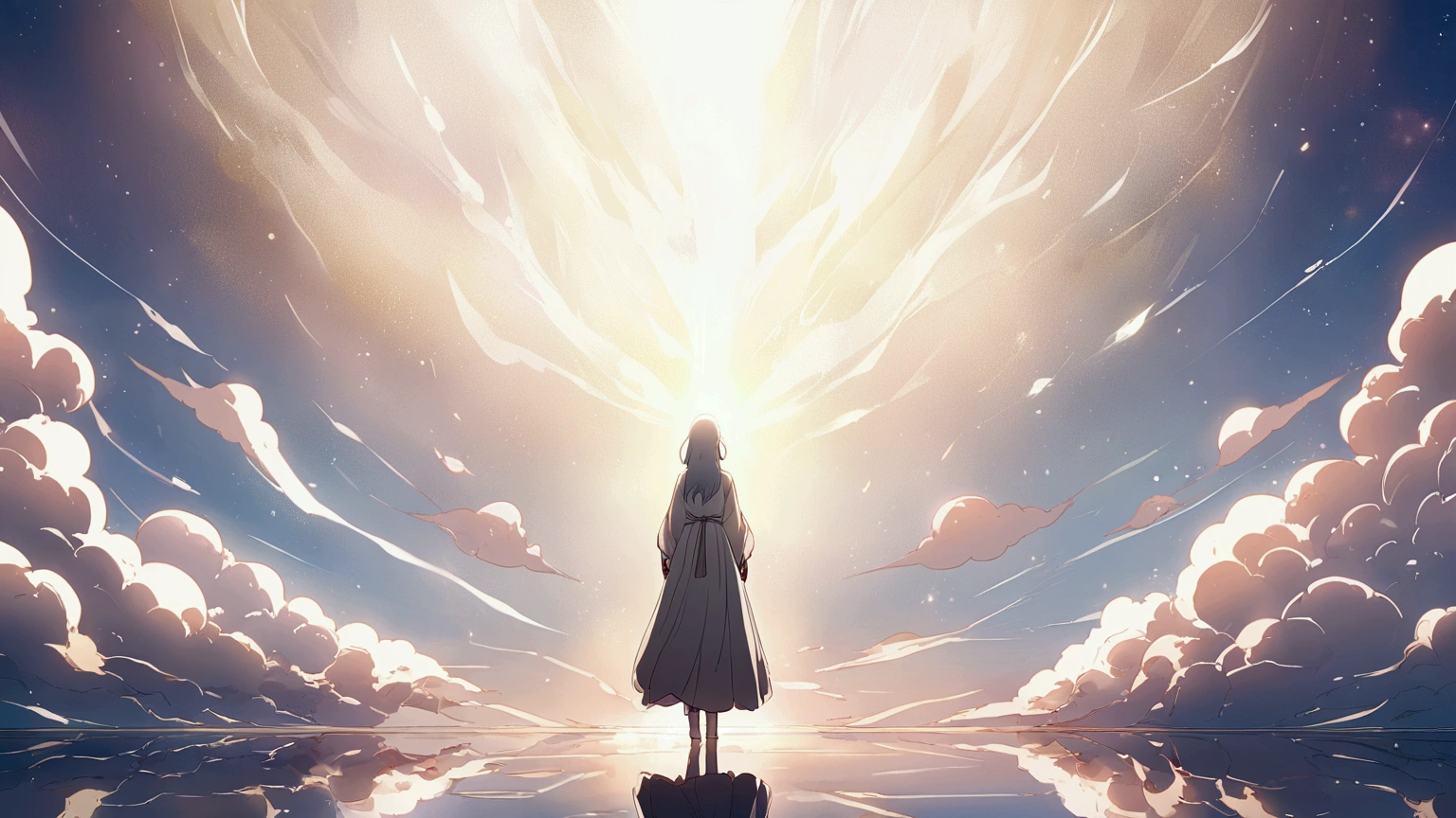 pure white expanse, endless light, ethereal, god-like presence, mystical, serene, anime style, no people