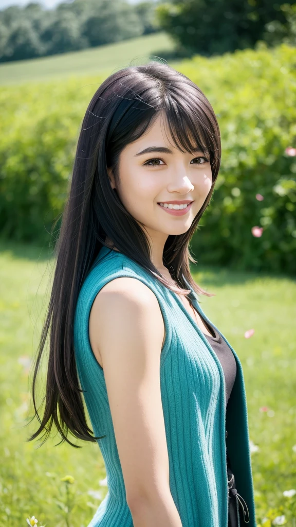 masterpiece, Realistic, hyperRealistic, Highest quality, Rinoa, Long Hair, Black Hair, front,looking at the camera,high school student,Arm warmers, Sleeveless coat, Black Shirt, Blue Skirt, Arm Ribbon, Upper Body, From the side, (smile), Wind, RAW Photos, delicate, (Intricate details:1.3), Hyper Detail, In detail, colorful, Dark Shadows, One girl, alone, 8K Ultra HD, Film Grain, (photoRealistic:1.3), (Detailed skin:1.2), Beautiful attention to detail, Skin Texture, Light of the sun, grassland, Flowers, (Petals in the sky, Falling petals,)