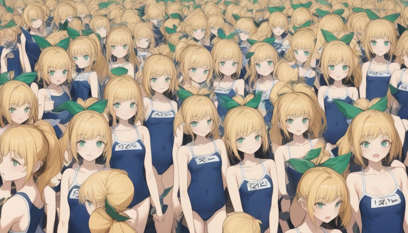 20000+ clone girls, roll(mega man classic),swimsuit roll(mega man x dive old design),mega man x dive, Short stature,flat chest,clone girls,extremely number of clone girls, blond hair, green eyes,high ponytail hair,Sleeveless navy one piece old type school swimsuit with white stripes from armpit to flank,white name tag, navy heeled sandals, green ribbon,human appearance,same height,same appearance, same face,fill the entire image, absolutely everyone, many clone, perfect features,multiple clone girls,same school swimsuit,same hair,official art,girls only,extremely full of extremely crammed,huge crowd,densely packed, masterpiece, best quality,insanely detailed,horde of clone girls, lots of clone girls