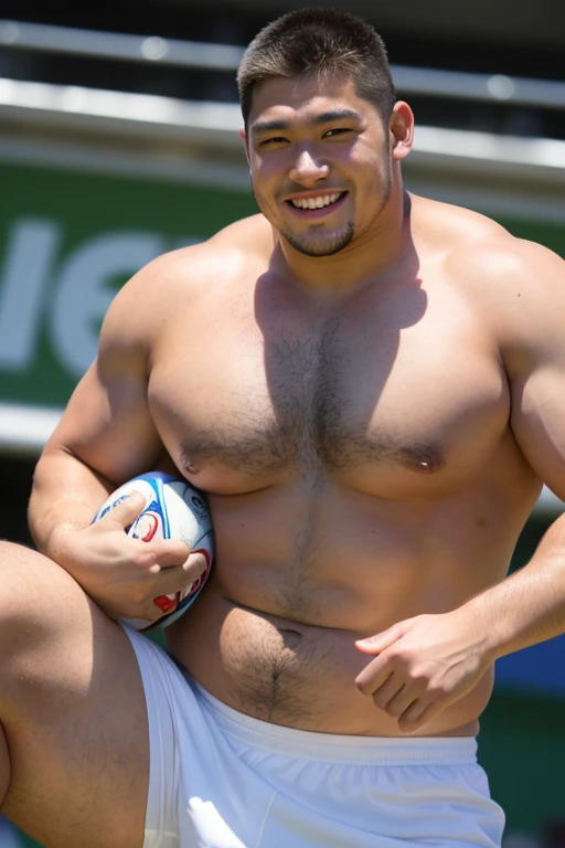 ((highest quality)), ((masterpiece)), (detailed), ((Perfect Face)), 4k, Shaved head, Young Japanese, Muscular, Fat body, Very big man, smile, ((showing off crotch)) A large Japanese man shirtless、whole body、Rugby player、Thick legs、Thick arm muscles、Intimidating、whole body、wearing a very tight and very short black-shorts,  (shirtless)、((At the rugby field)), 