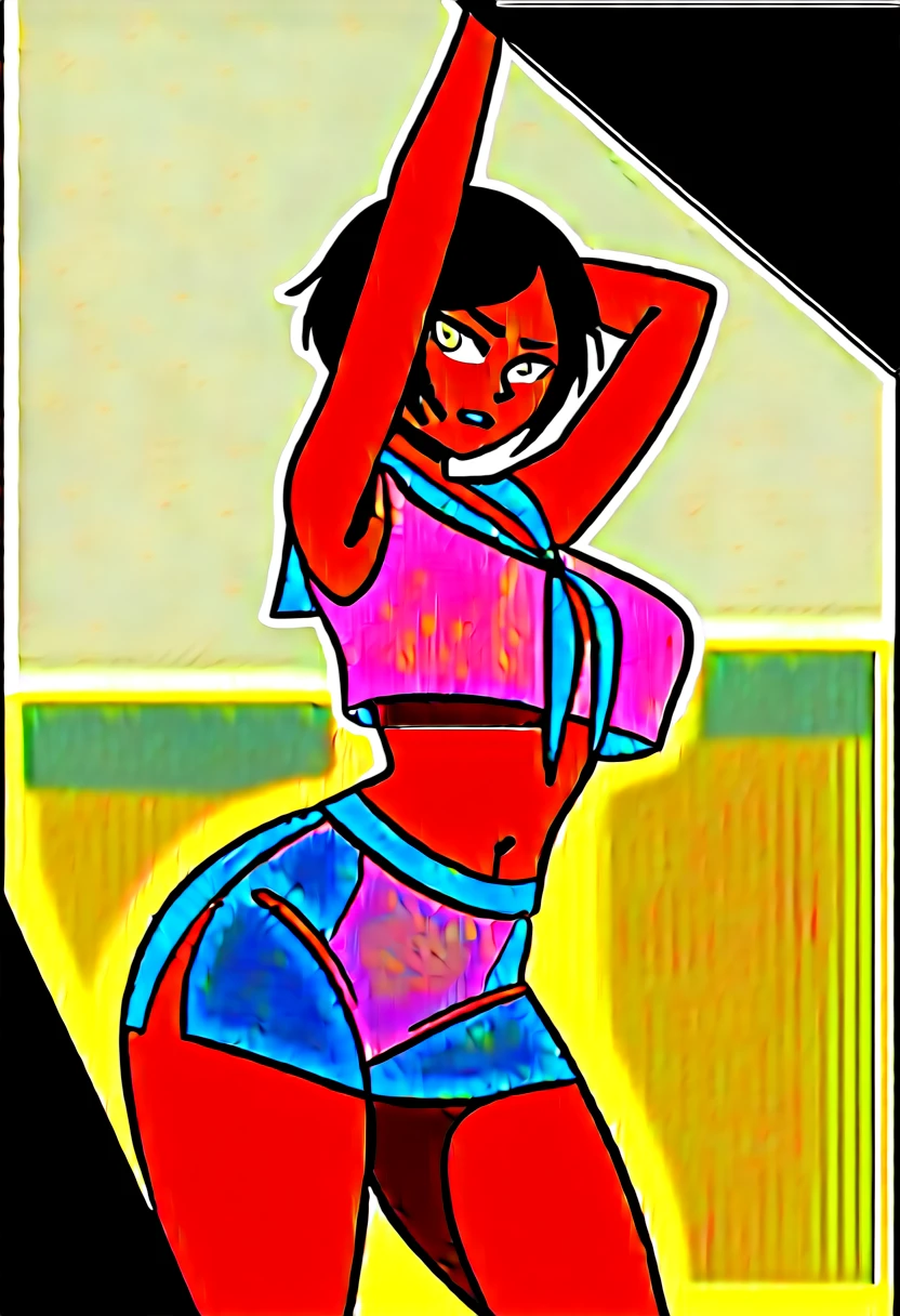 18-year-old,shiny navy hair,short hair,Parted bangs,Yellow Eyes,Large Breasts,Small waist,Big Ass,,A feminine and soft figure, , See-through sailor suit,Navy blue mini skirt,Black underwear, ,Large Japanese sword,Covered in body fluids,Battle with the Red Demon,Defeated and with torn clothes