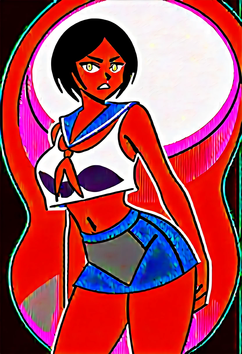 18-year-old,shiny navy hair,short hair,Parted bangs,Yellow Eyes,Large Breasts,Small waist,Big Ass,,A feminine and soft figure, , See-through sailor suit,Navy blue mini skirt,Black underwear, ,Large Japanese sword,Covered in body fluids,Battle with the Red Demon,Defeated and with torn clothes