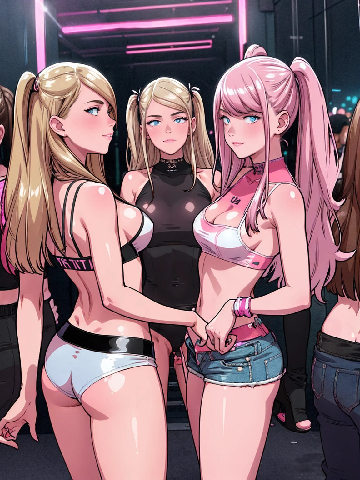 masterpiece, best quality, (3 girls:1.5), nice hips, slut, slutty bimbo clothes, medium breasts, smile, slut, young girl, bratty girl, wide hips, (white crop top), (white shorts), midriff, hip sway, slutty dancing, (nightclub), neon lights, many male, surrounded by men, multiple men, thong, (nightclub:1.5), nightclub lighting, detailed eyes, pink and white outfits, straight hair, different haircolors, blonde, brunette,