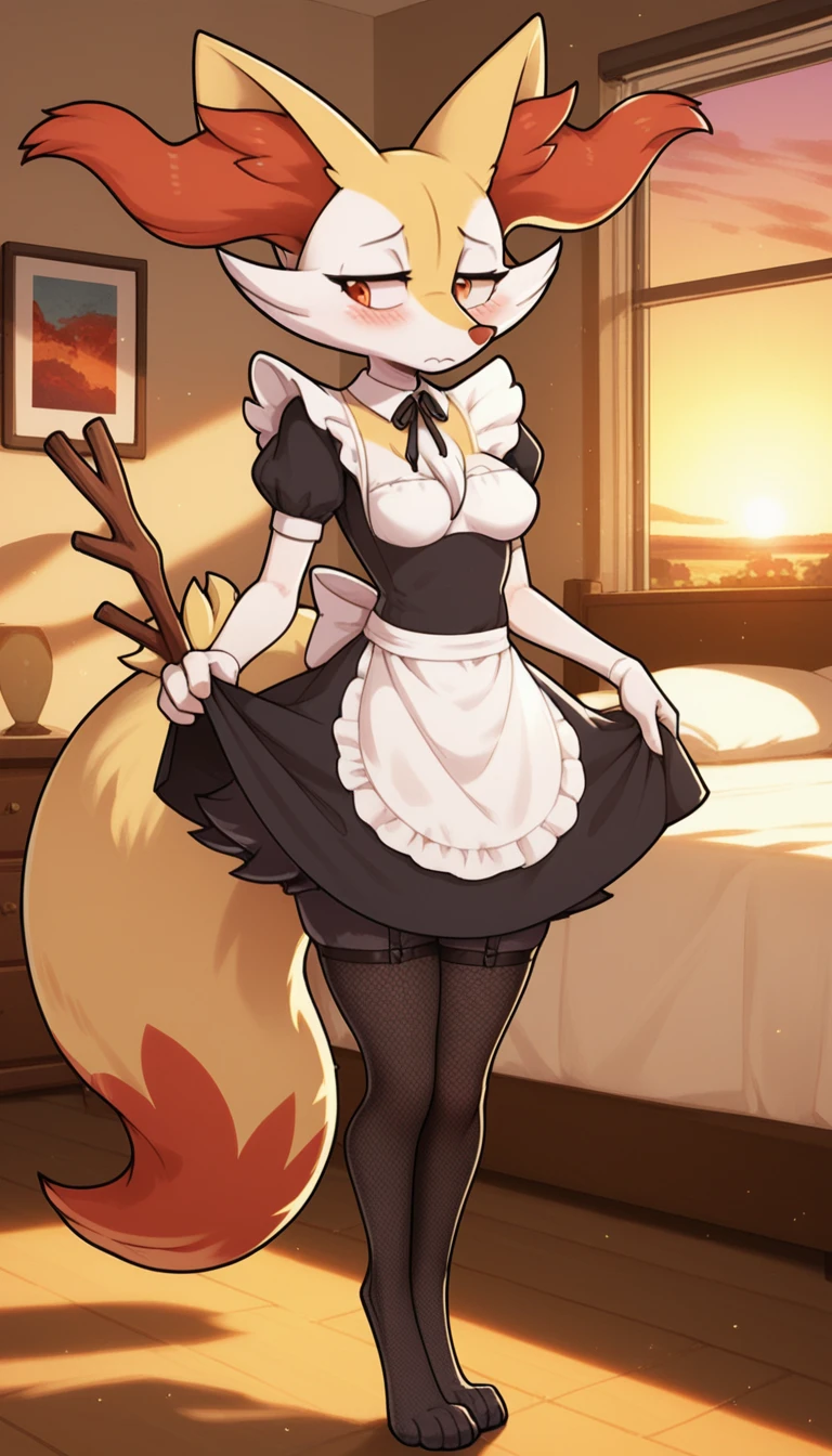 1girl, anthro, furry, fur, fluffy fur, braixen girl, Red eyes, full body, (19 years), medium breast, thicc thighs, solo, (bedroom), sunset, detailed, maid outfit, fishnet stockings, shy, nervous, sunset, (sad), (depressed), (baggy eyes), standing, half-closed eyes, score_9, score_8_up, score_7_up, score_6_up, score_5_up, score_4_u