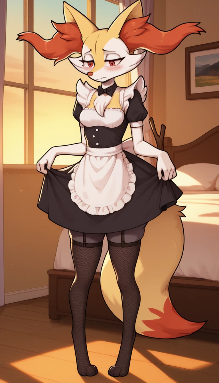 1girl, anthro, furry, fur, fluffy fur, braixen girl, Red eyes, full body, (19 years), medium breast, thicc thighs, solo, (bedroom), sunset, detailed, maid outfit, fishnet stockings, shy, nervous, sunset, (sad), (depressed), (baggy eyes), standing, half-closed eyes, score_9, score_8_up, score_7_up, score_6_up, score_5_up, score_4_u