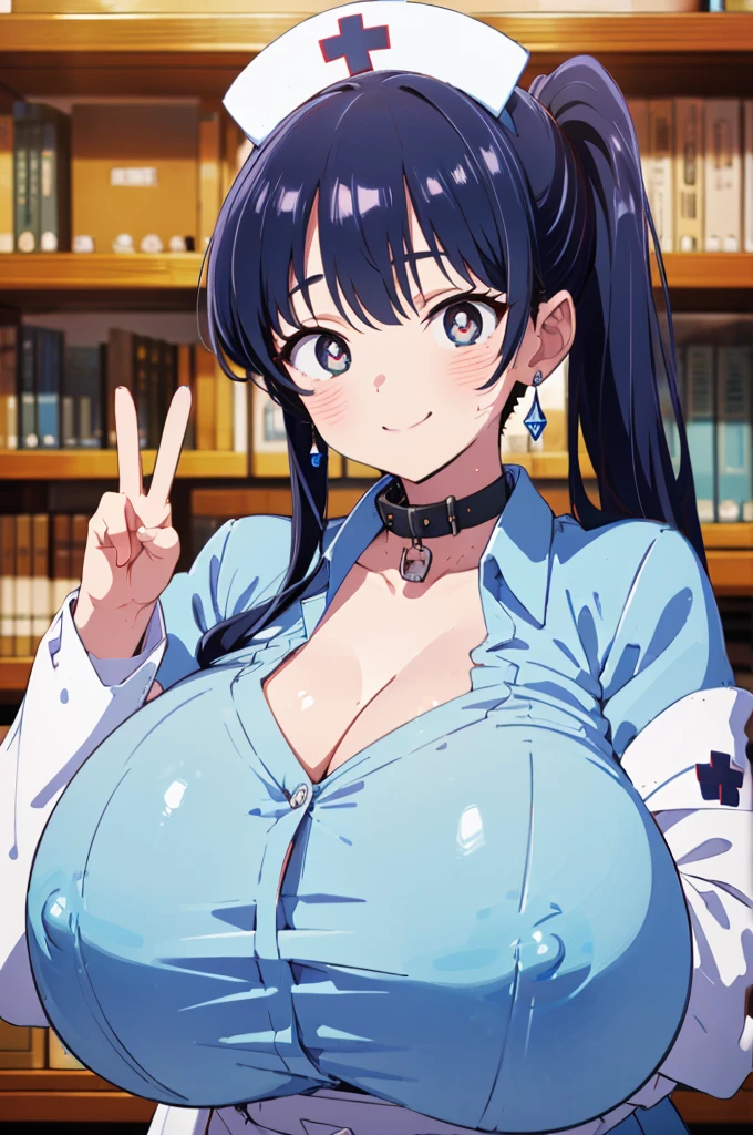 (huge breasts:1.8),Anna Yamada,gigantic breasts,smile、(Nurse uniform:1.5)、(Are standing)、(in library room)、Bookshelf、(Wearing a collar:1.5)、Earrings、Earrings、bracelet,(Delicate facial features:1.5)、(masterpiece, Highest quality, High resolution, Super detailed, 8K, 4K),(Making a peace sign:1.9),ponytail,(Beautiful Face:1.5),Is ejaculating、Sweat,navel piercing,(nsfw:1.5)、Absurd、Highest quality, (Volupture:1.5)、((Upper body close-up)),heart-shaped pupils, light smile, sparkle