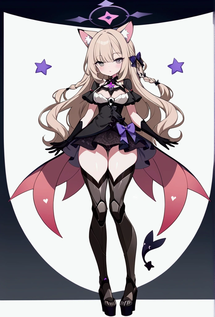 woman 170 cm tall. medium chest, wide hip, slim build, ((whole body)). (((character design sheet: front view))). (dark blonde hair, (hip-length wavy hair with asymmetrical bangs), (She has a short braid tied with an elegant purple bow on the left side of her hair above her chest). (She has a short braid tied with an elegant purple bow on the right side of her hair above her chest). She has small ribbons in the back of her hair..). ((Gray eyes with a pink 4-pointed star in the pupil.)). Two black and purple serval ears located on the top of the head. (Luminous black halo with purple star patterns above his head). He has a black collar with a heart emblem on his neck.. (Elegant one-piece long dress with lace and ruffle thigh-high skirt, ribbon decorations and star patterns on the dress). black gloves, beautiful black platform heels. gray belt at the waist with a large ribbon with a luminous pink heart in the middle. (It has a beautiful succubus tail with a small purple star on the tip.). ((It has complex mechanical legs that reach up to the thighs and are black with small purple details..)). beautiful detailed hair, beautiful detailed dress. extremely detailed arms. extremely detailed face, small face, Beautiful detailed eyes, beautiful detailed lips. adorable. extremely detailed legs. (Best Quality, 4k, high resolution), ultra detailed, Exquisite and epic character art., ((White background)). (Focus on symmetry).