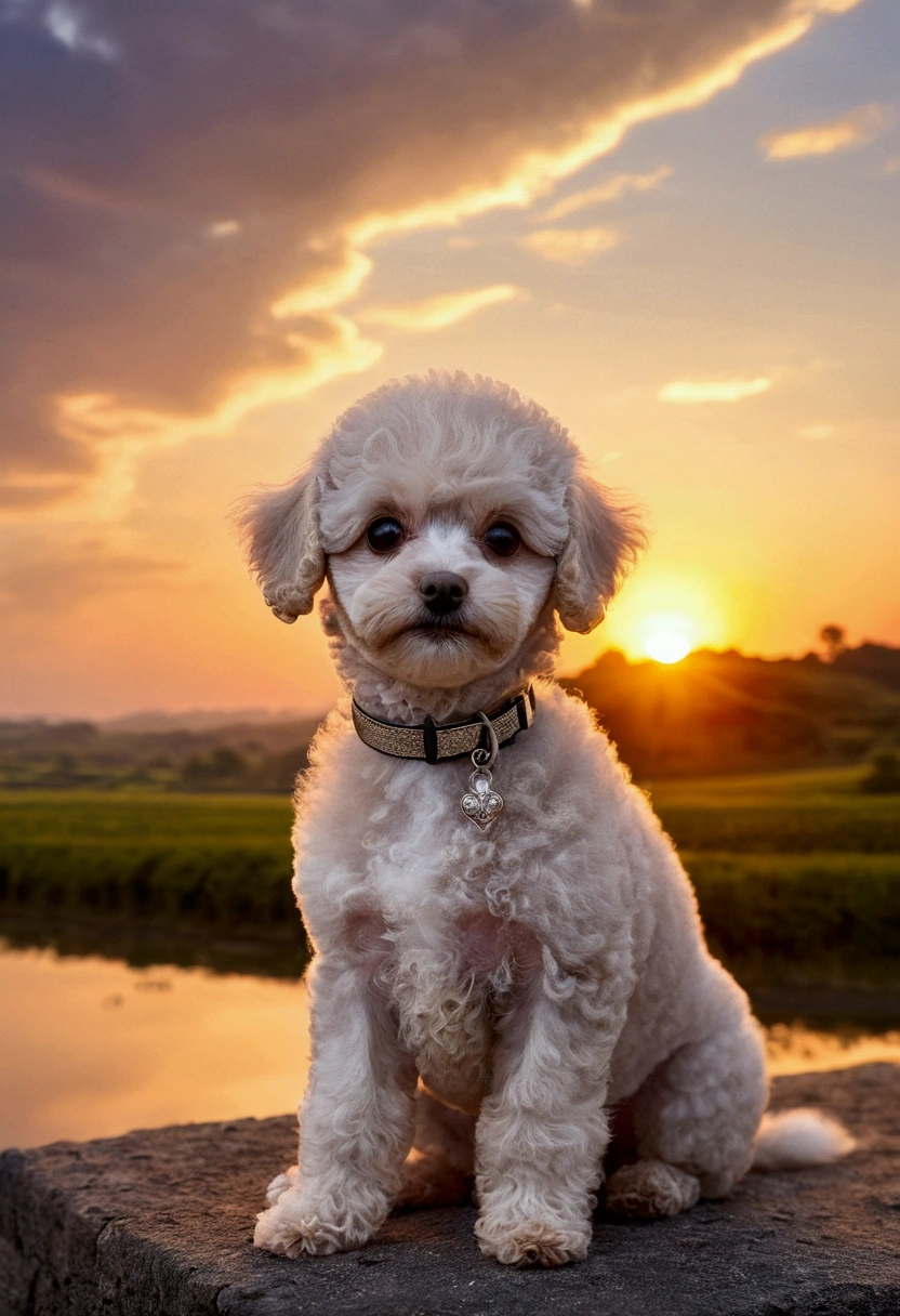Shinkai Chengwei, Beautiful sky, (Toy Poodle Puppy, Silver),Romantic Landscape, Healing scenes, Light pours down,hope, Shinkai Chengwei,Detailed Description, sunset, Wonderful landscape,