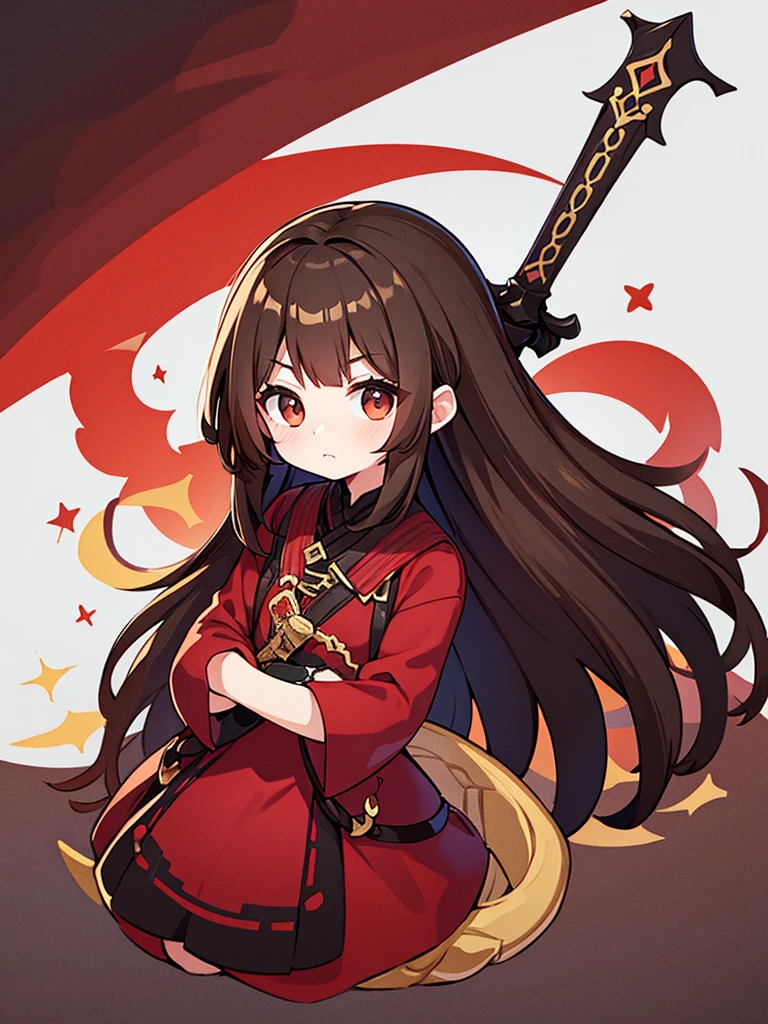 Full-body portrait、Holding a black sword、woman、、Brown Hair、Long Hair、Mischievous、Brown-based red dress
