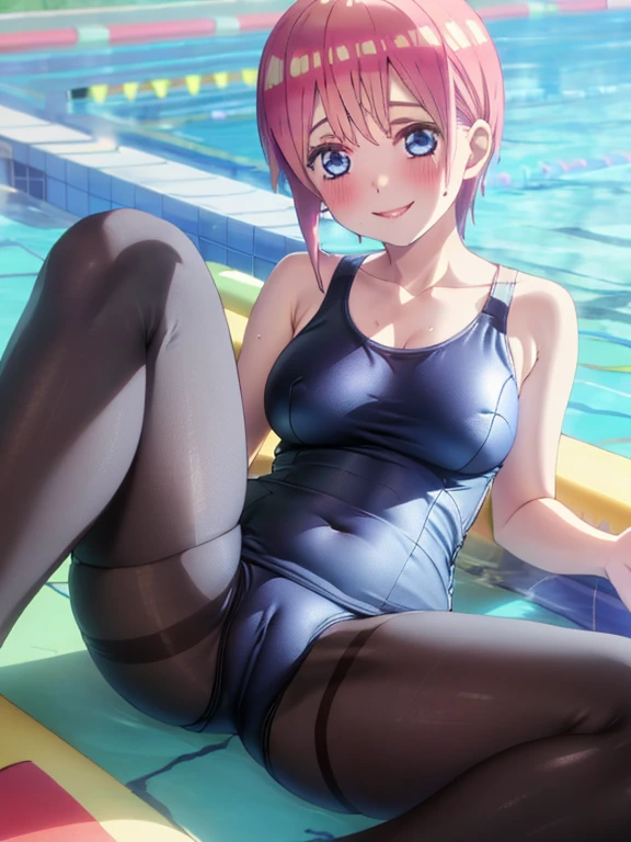 best quality, insanely detailed, ichika nakano, one-piece swimsuit, breasts, blush, swimming pool background, smile, pantyhose, open legs, pussy