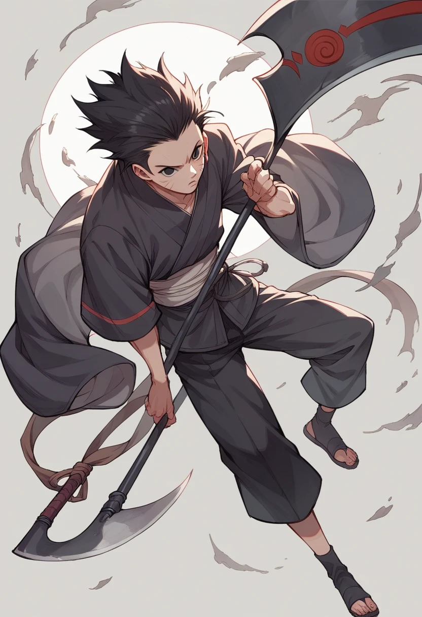 Anime girl with long black hair, black eyes an clam expression with a scythe. In the Naruto universe