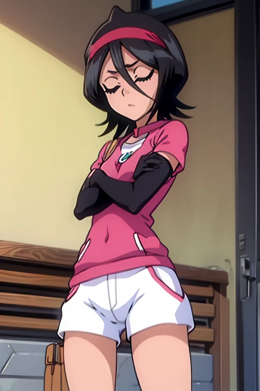 girl in spandex booty shorts, wearing oven mittens tucked in pockets, blindfold
