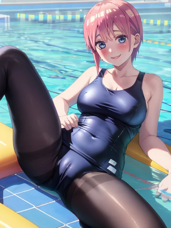 best quality, insanely detailed, ichika nakano, one-piece swimsuit, breasts, blush, swimming pool background, smile, pantyhose, open legs, pussy