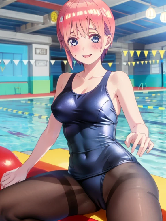 best quality, ly detailed, ichika nakano, one-piece swimsuit, breasts, blush, swimming pool background, smile, pantyhose, open legs, pussy
