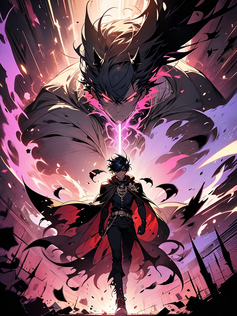 Stylized, animated image featuring a character with spiky, light-colored hair and a muscular build. The character has light skin and is wearing a dark, flowing cloak with purple accents, which is fastened with buttons at the neck. The cloak partially reveals the character's toned abdomen. The character is also wearing dark shorts and white sneakers. In the background, there is a graffiti-style mural with abstract, red and black figures and shapes on a wall. The overall color scheme is vibrant with a mix of dark and neon hues. The image has a dynamic and edgy aesthetic