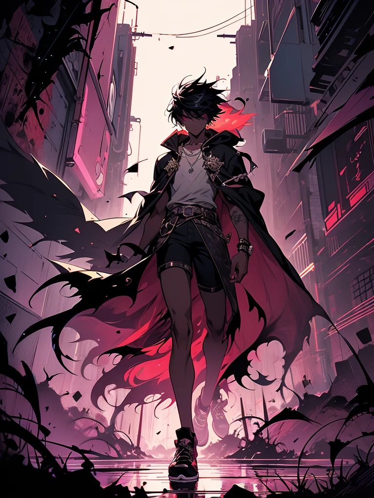 Stylized, animated image featuring a character with spiky, light-colored hair and a muscular build. The character has light skin and is wearing a dark, flowing cloak with purple accents, which is fastened with buttons at the neck. The cloak partially reveals the character's toned abdomen. The character is also wearing dark shorts and white sneakers. In the background, there is a graffiti-style mural with abstract, red and black figures and shapes on a wall. The overall color scheme is vibrant with a mix of dark and neon hues. The image has a dynamic and edgy aesthetic