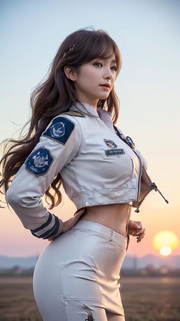 ((full body pictu(Best quality, 8k, 32k, Masterpiece, UHD:1.2), (realistic:1.5), (masterpiece, Extremely detailed CG unity 8k wallpaper, best quality, highres:1.2), (ultra detailed, UHD:1.2), Photo of extremely cute and beautiful Japanese woman, (chestnut long wavy hair:1.2), adult, (detailed beautiful girl:1.4), best quality, woman, adult, (detailed US air-force pilot uniform:1.5), (white pilot captain jacket:1.3), (white high-waist pencil skirt:1.3), detailed clothes, (Beautiful sunset US air force base runway view background:1.3), embarrassed laughing:1, light smile, looking at viewer, facing the viewer, ((perfect female body)), (narrow waist:1.2), (upper body image:1.3), slender, abs, (large breasted:1.25), ((frame the head)), wind, dynamic pose, cinematic light, back light, perfect anatomy, perfect proportion, detailed human body, bokeh, depth of field,Show breasts，,Show breasts