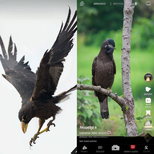 Combine these two images into one so that the bird with open wings and a white background has the face of a bird of prey that is in the tree., make it realistic , The image you generate should be a combination of the bird flying and the head of the yellow-eyed bird. 