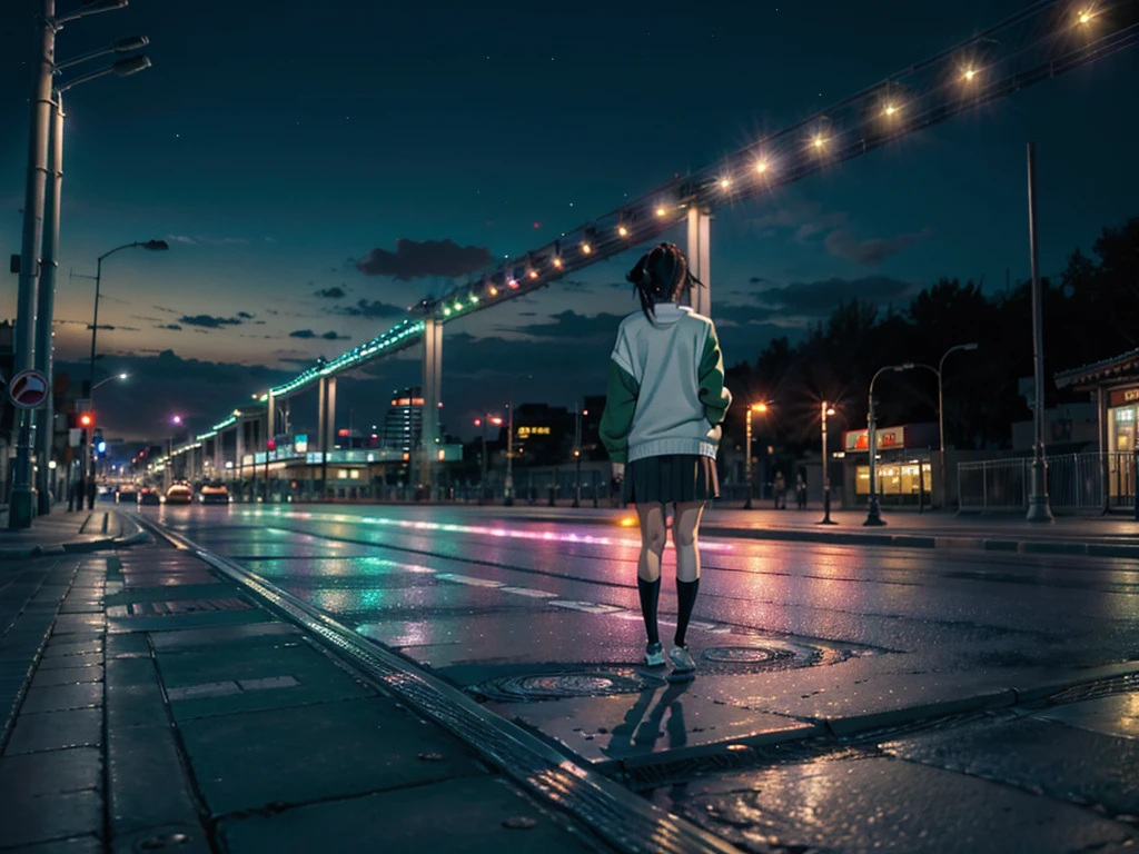 City landscape combination of Mexico and Japan modern avenue anime night neon lights, a alone anime girl in the middle of the street with her back to her back wearing a dark flag green cardigan sweater, gray knee length skirt, high white socks and black shoes