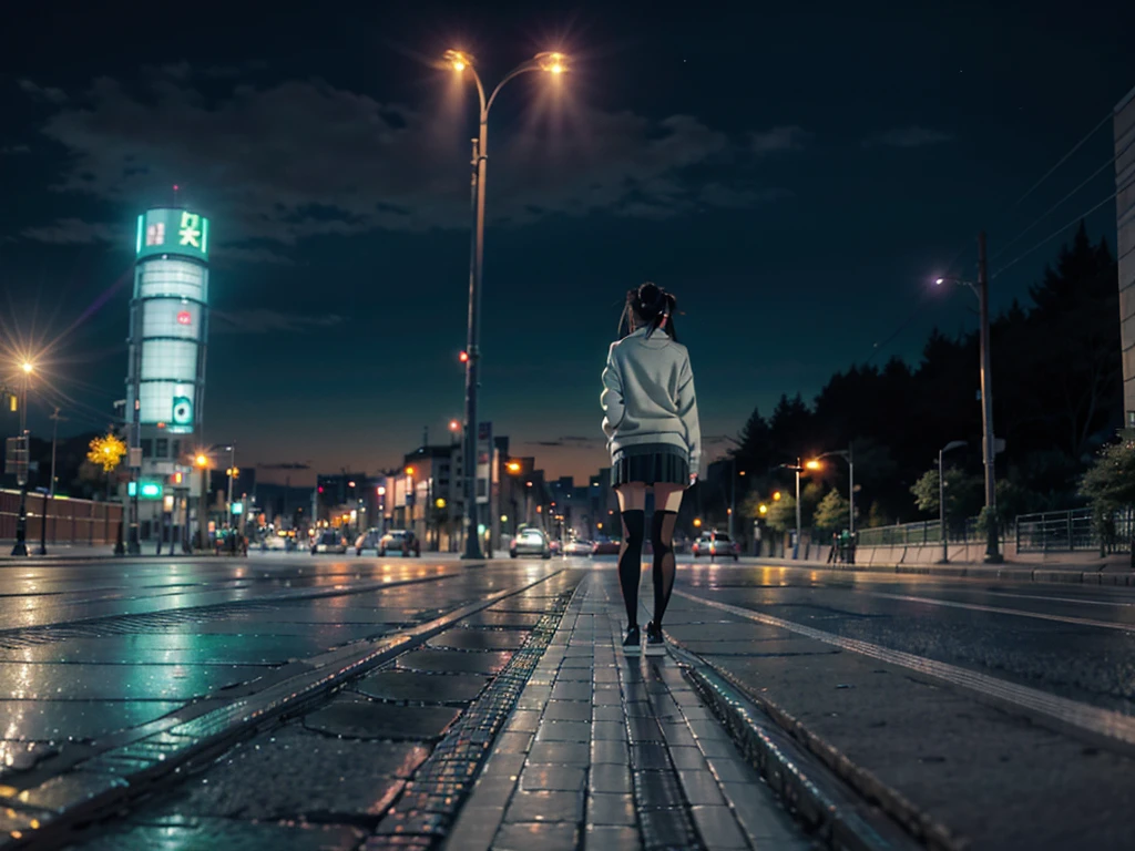 City landscape combination of Mexico and Japan modern avenue anime night neon lights, a alone anime girl in the middle of the street with her back to her back wearing a dark flag green cardigan sweater, gray knee length skirt, high white socks and black shoes