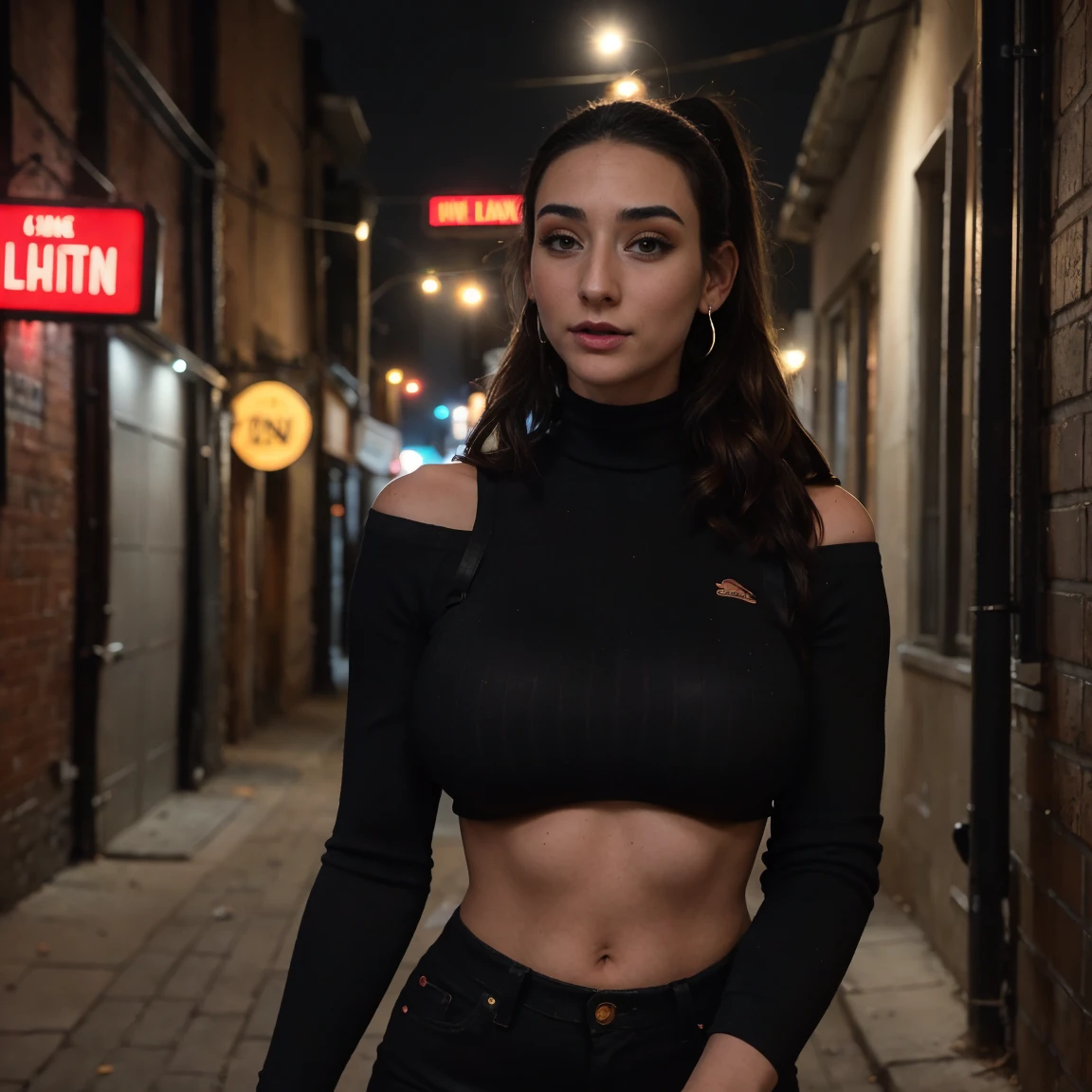 Extremely busty thin and toned brunette photographer, college girl, fair skin, loose ponytail, soft face, athletic, choker, heavy makeup, tight dark red long-sleeve off-shoulder crop top, black bra straps, black skinny jeans. standing in a dirty alleyway, club, neon, nighttime, darkness, cleavage 