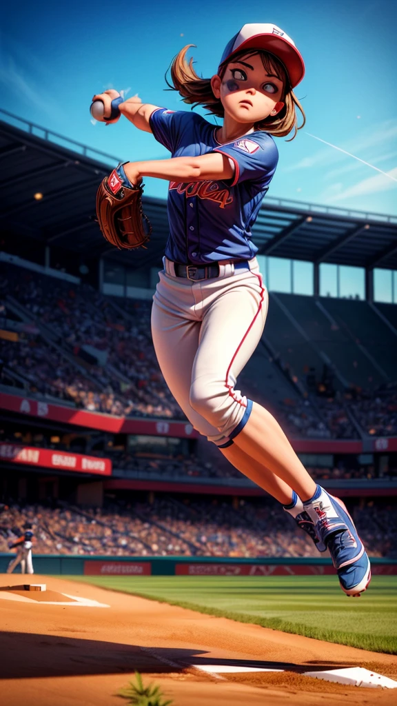 a powerful female baseball pitcher, throwing a blazing fastball, batter's perspective, detailed facial features, dynamic dramatic action, high-speed motion blur, sports stadium background, cinematic lighting, photorealistic, 8k, ultra detailed