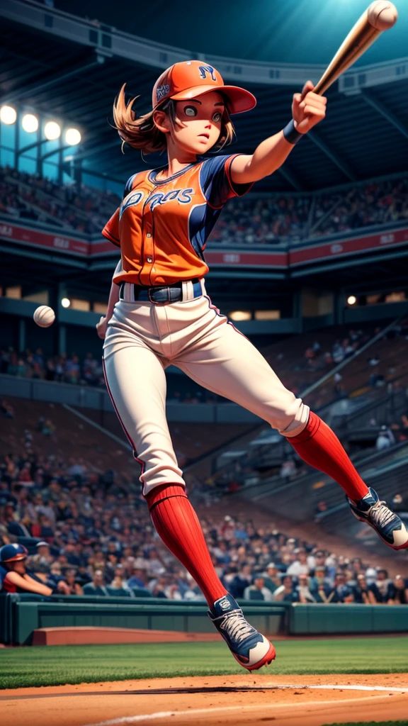 a powerful female baseball pitcher, throwing a blazing fastball, batter's perspective, detailed facial features, dynamic dramatic action, high-speed motion blur, sports stadium background, cinematic lighting, photorealistic, 8k, ultra detailed